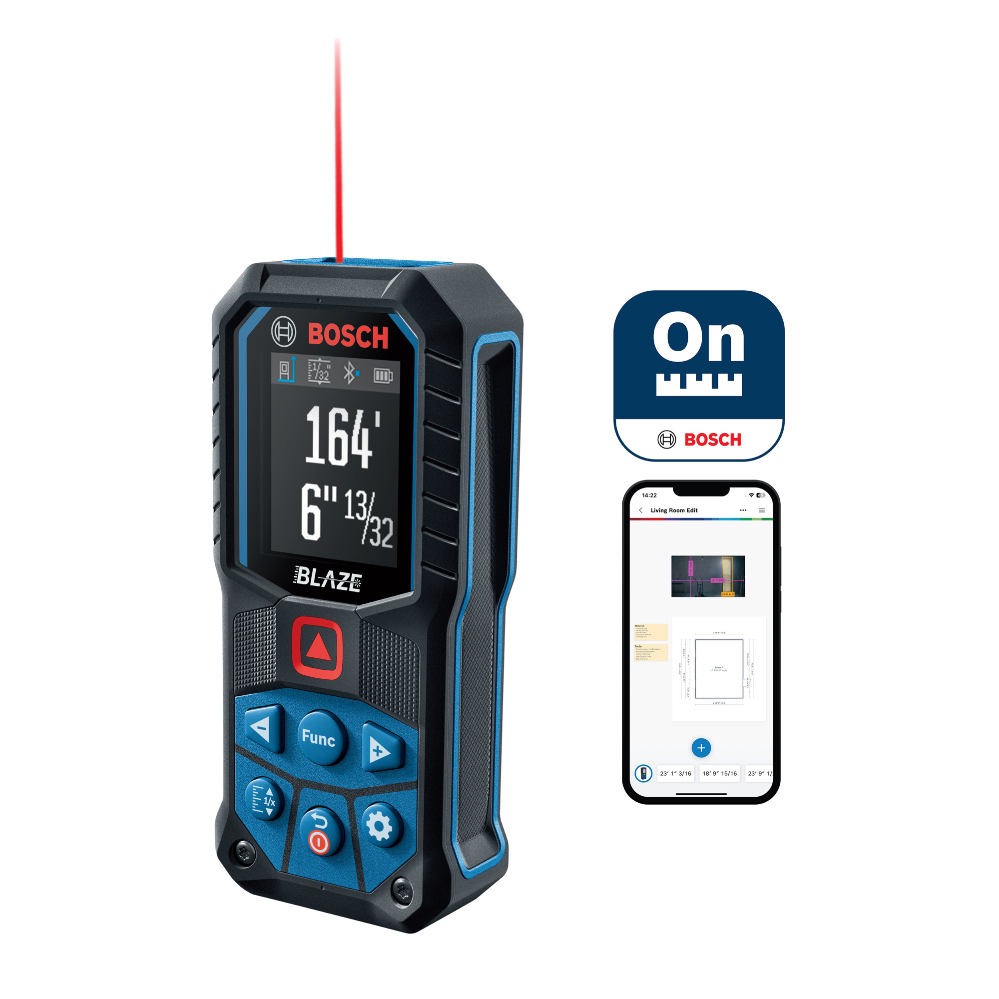Bosch Blaze Connected Laser Measure — 165ft., ±1/16in. Accuracy, Inclinometer, Bluetooth, IP65, Model# GLM165-27C